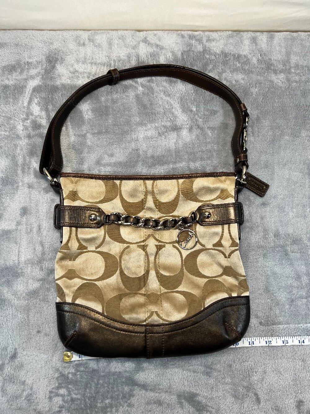 COACH Shoulder Crossbody Brown Canvas Leather Trim F19730 Chain Charm